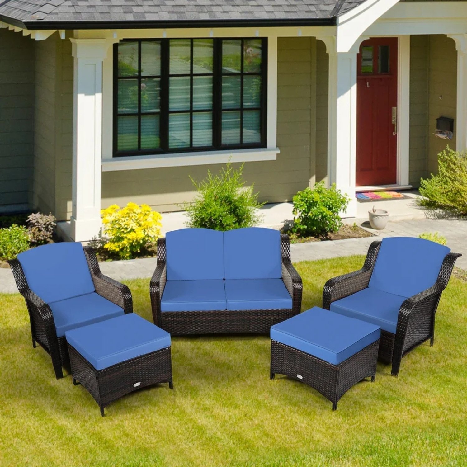 Dark Brown 6 Seater Wicker Outdoor Patio Garden Conversation Set with Ottoman