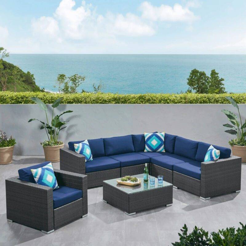 HDPE Wicker Rattan 4-Piece Outdoor L-Shape Sectional Sofa Set and Glass Top Center Table (Dark Brown & Navy Blue)