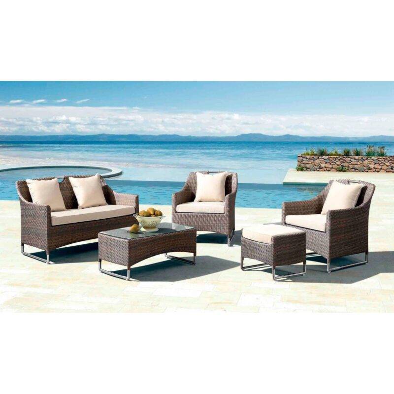 5 Piece Patio Set with Glass Top Coffee Table Rattan Sectional Sofa (Dark Brown & Cream)