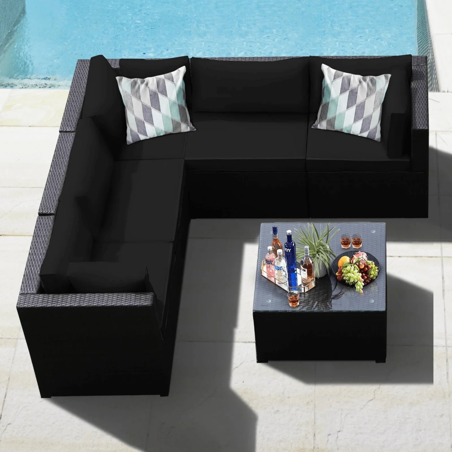 Outdoor 3 Piece Dark Brown Wicker Sectional L-Shape Sofa Conversation Set with Glass Top Center Table