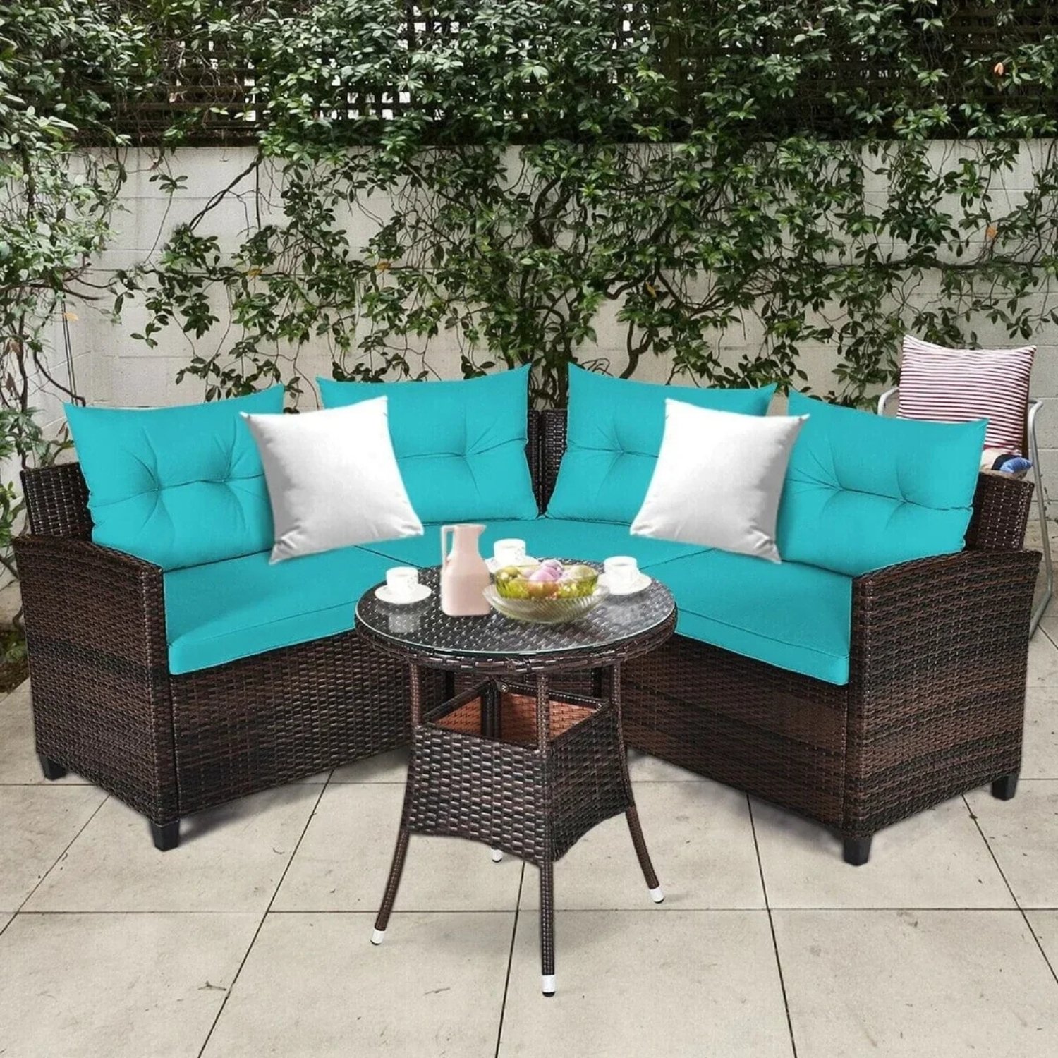 4 Seater Wicker Outdoor Patio Set with Chair Round Glass Top Table(Dark Brown & Sky Blue)