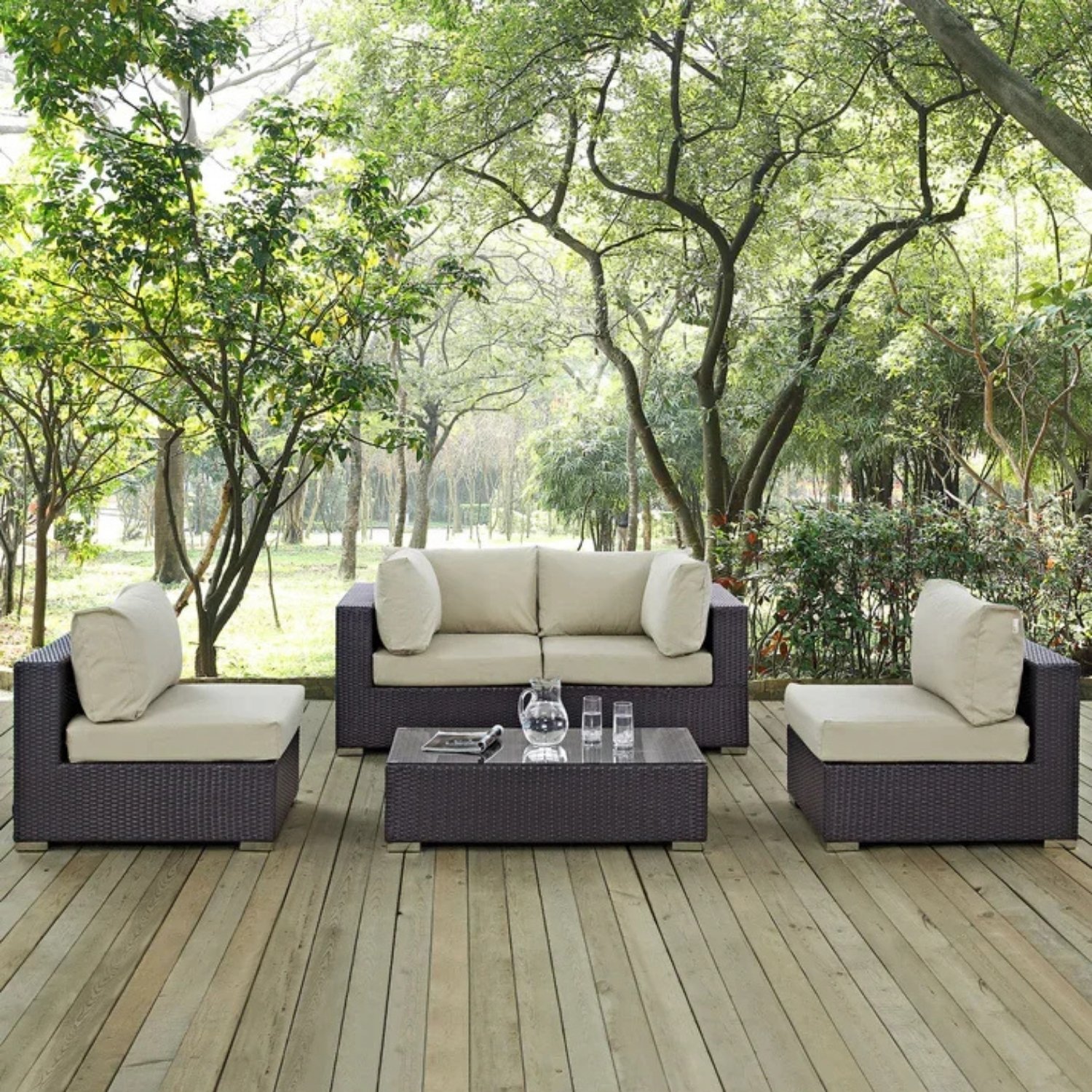 4 Piece Waterproof Patio Wicker Furniture Set with Glass Top Table (Dark Brown & Cream)