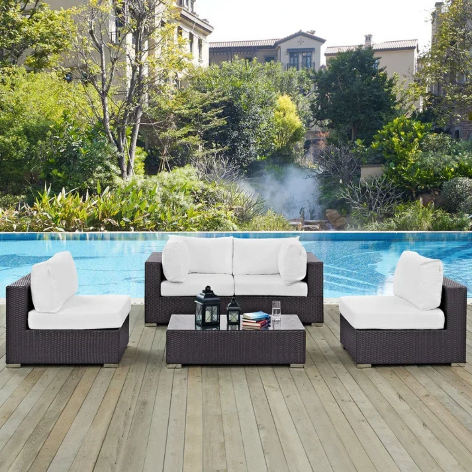 4 Piece Waterproof Patio Garden Wicker Furniture Set (Dark Brown & White)