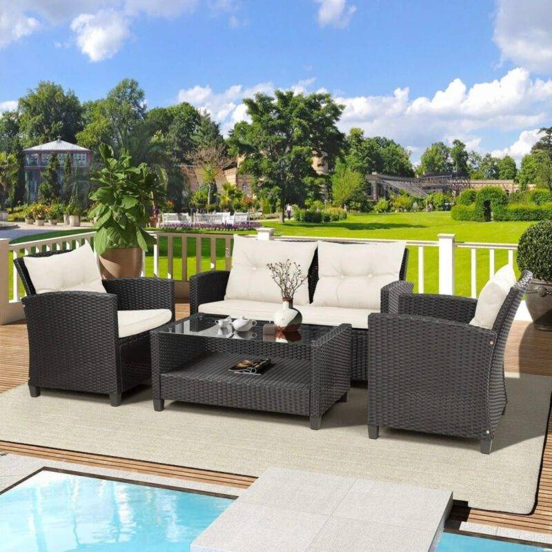 4-Piece Outdoor Wicker Sofa Set HDPE Rattan Sofa & Glass Top Center Table(Black & Cream)