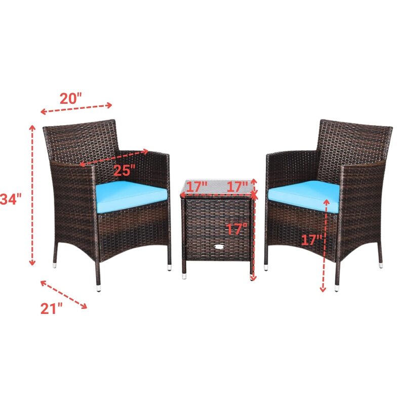 Outdoor 3 Piece Rattan Wicker Bistro Set with Glass Top Center Table (Dark Brown & Sky-blue) - Image 2