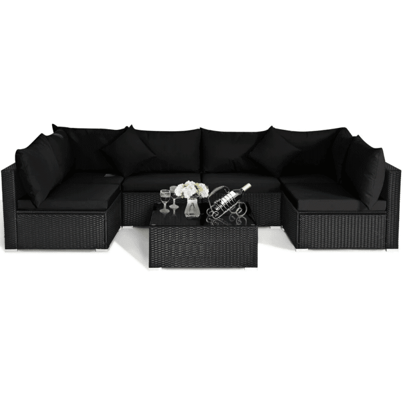 6 Seater Black Wicker Rattan All Weather Furniture with Glass Top Table - Image 5
