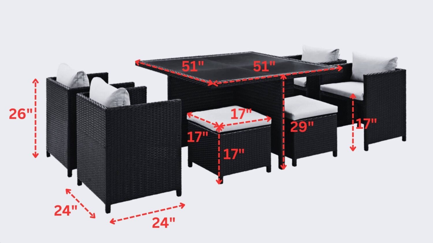 7 Piece Outdoor Wicker Dining Set With Ottoman And Table(Dark Brown & Red)Table Without Glass Top - Image 2