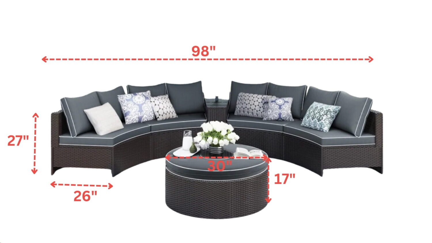 Dark Brown 6-Piece Wicker Rattan Half-Moon Outdoor Sectional Sofa Set with Round Center Table - Image 2