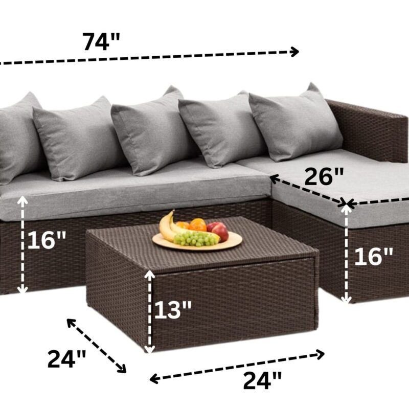 3 Piece HDPE Wicker Rattan All Weather Outdoor Sofa Set (Dark Brown & Grey) - Image 2