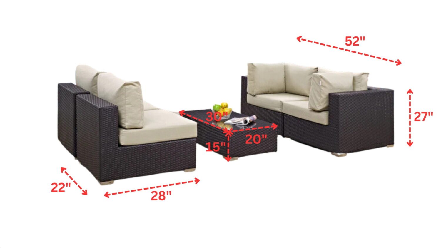 4 Piece Waterproof Patio Wicker Furniture Set with Glass Top Table (Dark Brown & Cream) - Image 2
