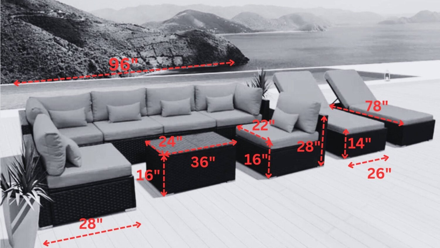 Outdoor Wicker Sofa With Glass Top Center Table & Waterproof Lounger (Black & Red) - Image 2