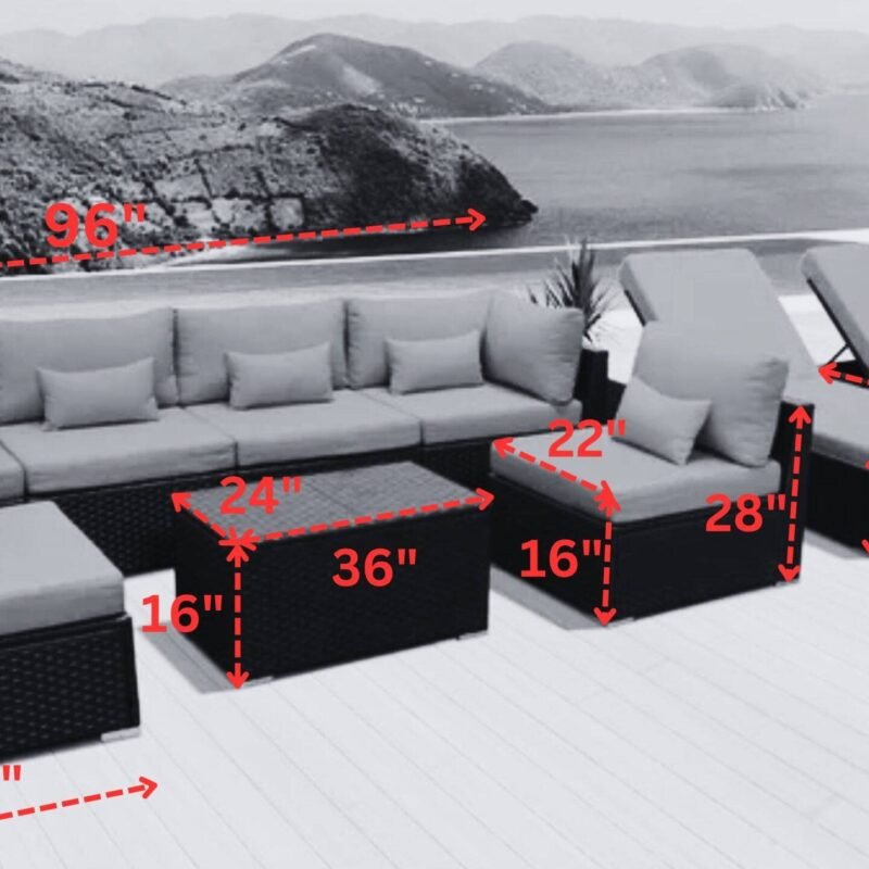 Outdoor Wicker Sofa With Glass Top Center Table & Waterproof Lounger (Black & Red) - Image 2