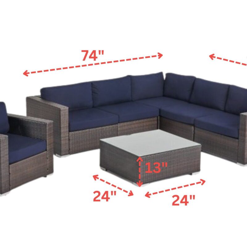 HDPE Wicker Rattan 4-Piece Outdoor L-Shape Sectional Sofa Set and Glass Top Center Table (Dark Brown & Navy Blue) - Image 2
