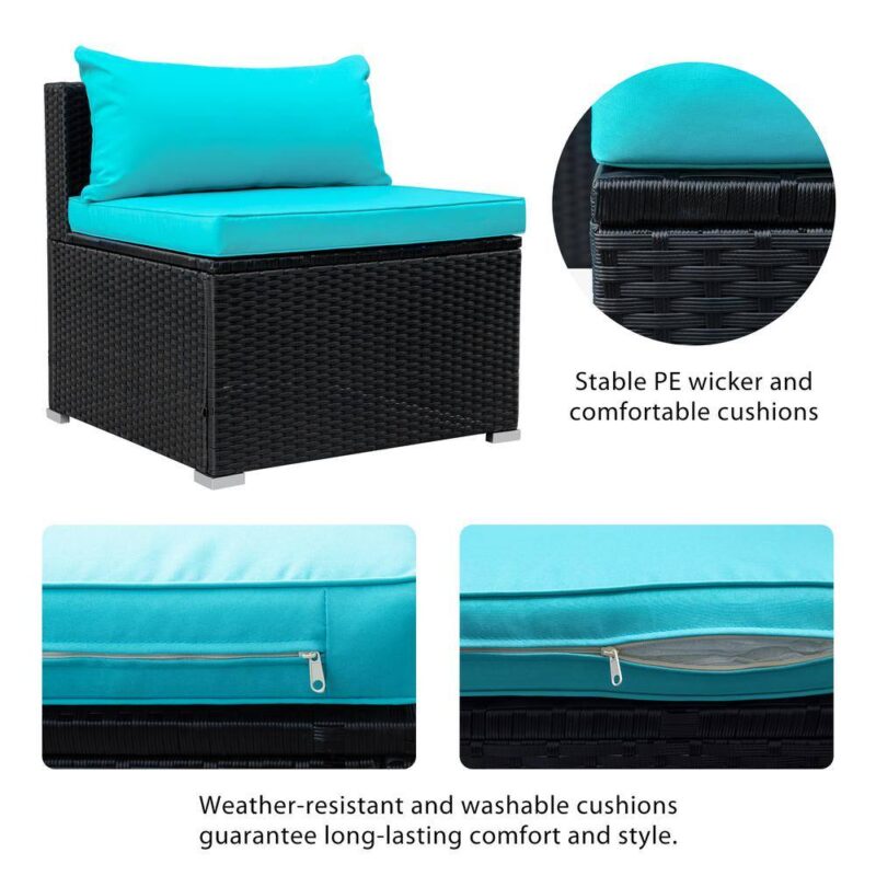 8 Seater Black Rattan Sectional Sofa Set With Sky Blue Cushions - Image 3