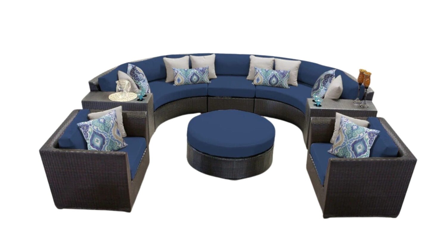 Wicker Half Moon Round Sofa Conversation Set with Ottoman (Dark Brown & Navy Blue) - Image 3