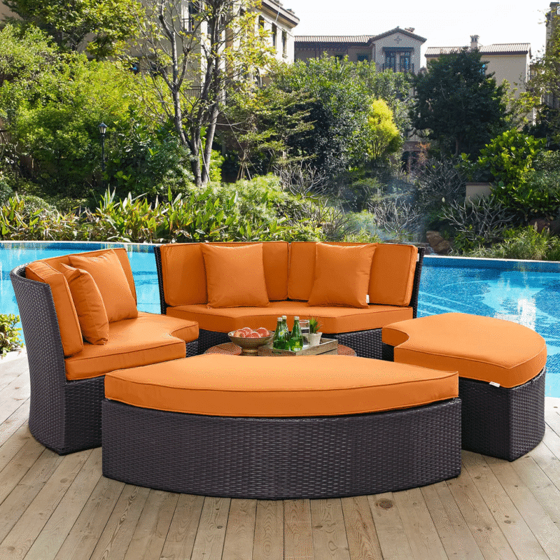 Wicker Outdoor Patio Round Daybed With Coffee Table(Dark Brown & Orange) - Image 6