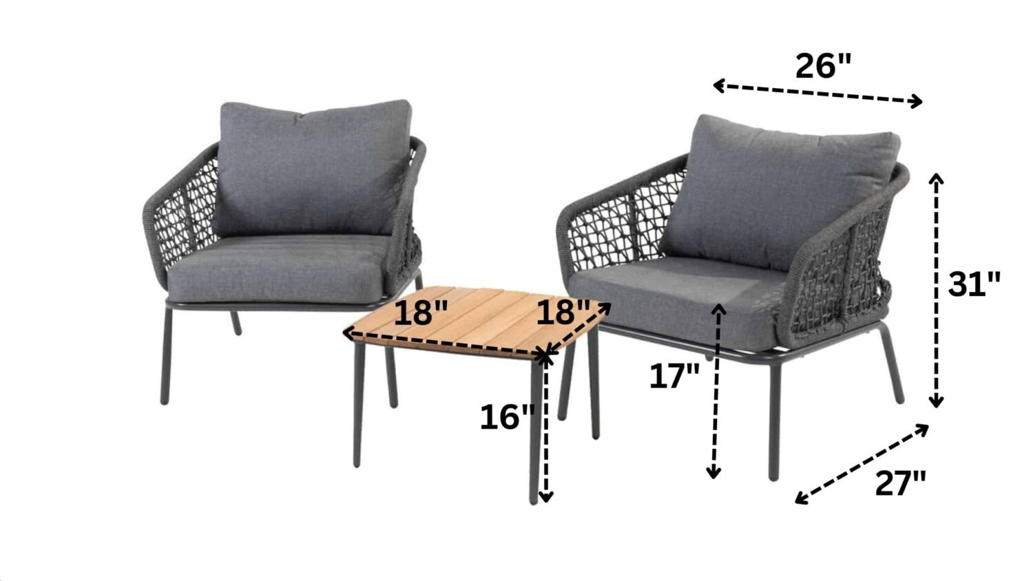 3 Piece Outdoor Rope Chairs with Cushion & Centre Table(Grey) - Image 3