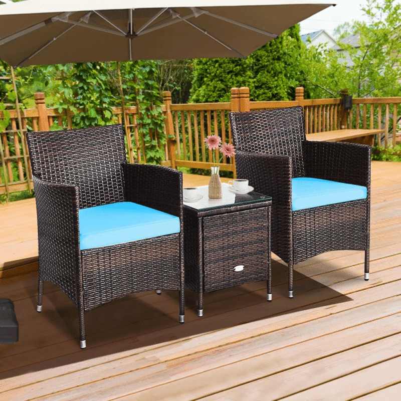 Outdoor 3 Piece Rattan Wicker Bistro Set with Glass Top Center Table (Dark Brown & Sky-blue) - Image 3