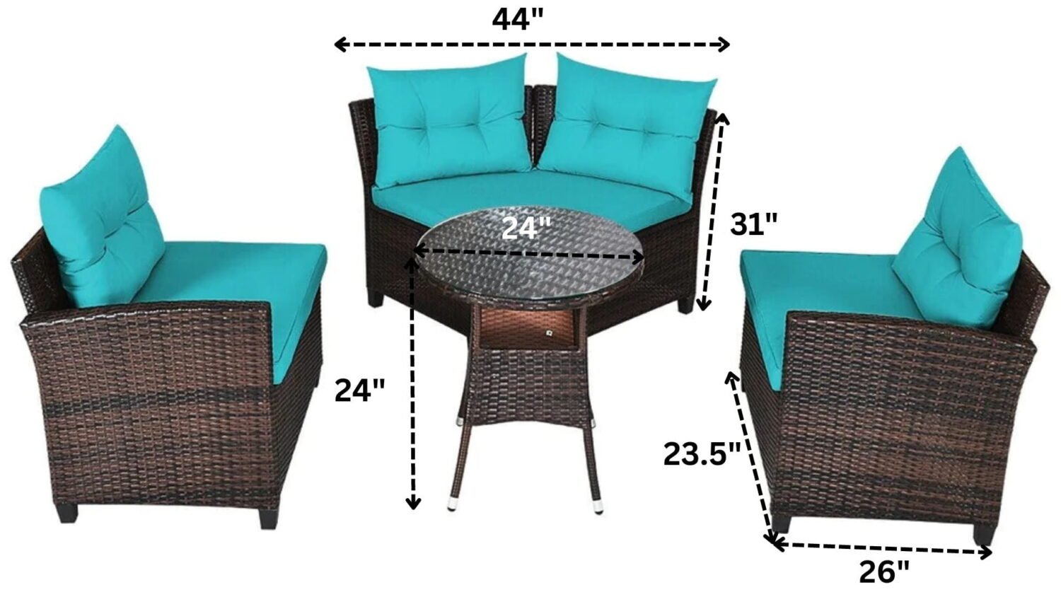 4 Seater Wicker Outdoor Patio Set with Chair Round Glass Top Table(Dark Brown & Sky Blue) - Image 2
