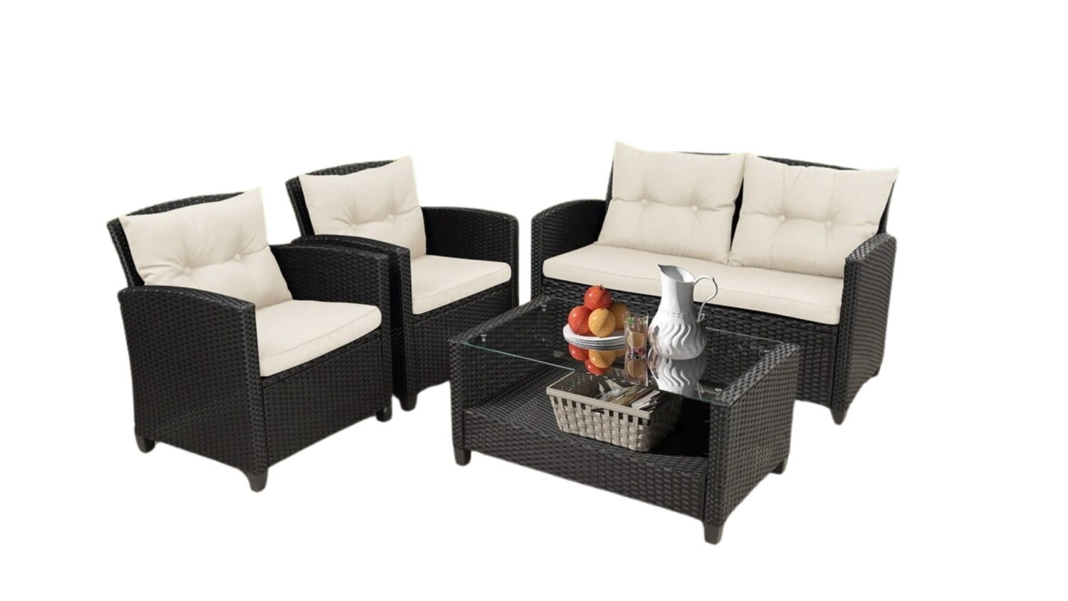 4-Piece Outdoor Wicker Sofa Set HDPE Rattan Sofa & Glass Top Center Table(Black & Cream) - Image 6