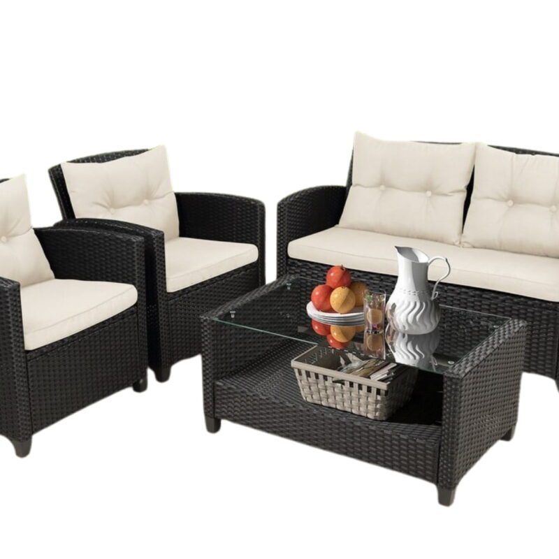 4-Piece Outdoor Wicker Sofa Set HDPE Rattan Sofa & Glass Top Center Table(Black & Cream) - Image 6
