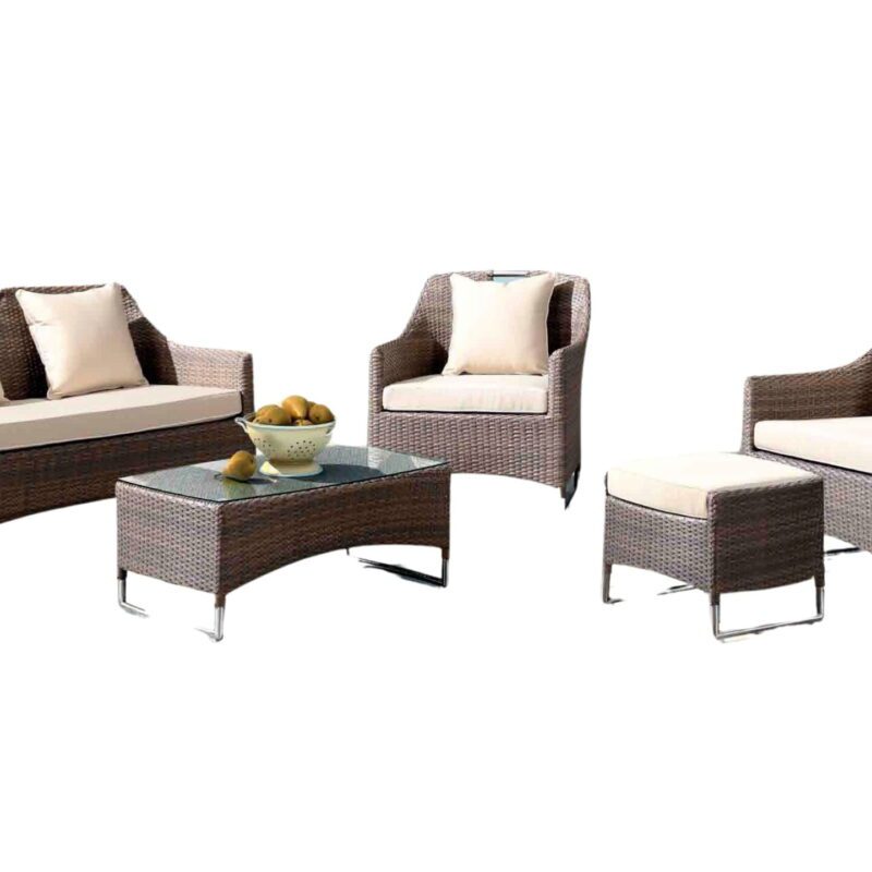 5 Piece Patio Set with Glass Top Coffee Table Rattan Sectional Sofa (Dark Brown & Cream) - Image 3