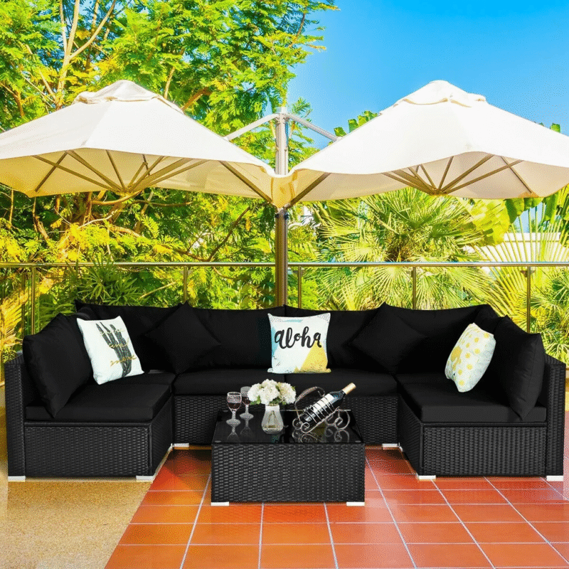 6 Seater Black Wicker Rattan All Weather Furniture with Glass Top Table - Image 3