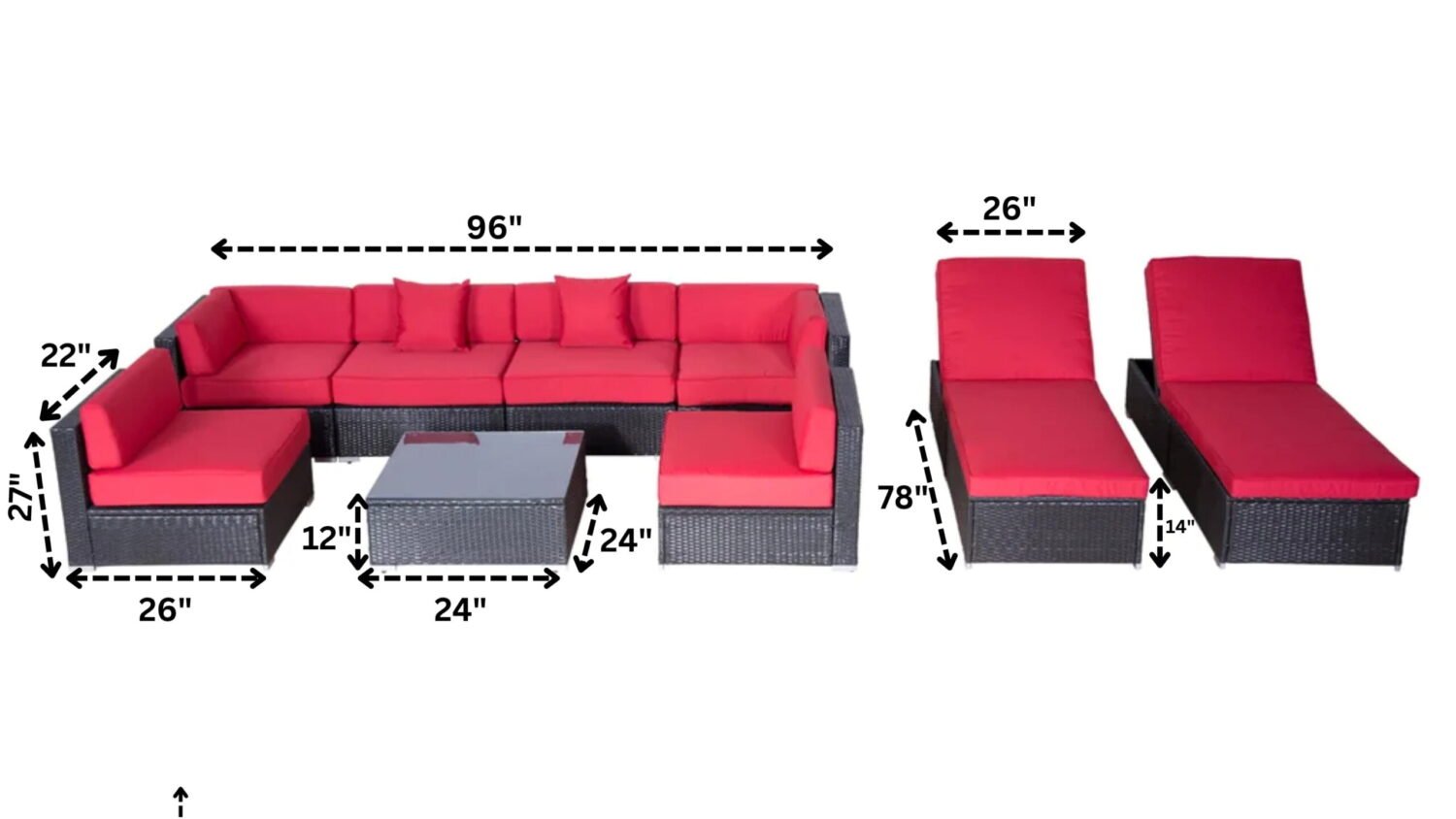 Outdoor 6 Seater Sectional Wicker Sofa Set with Center Table and Waterproof Recliner Lounge Chair(Black & Red) - Image 2