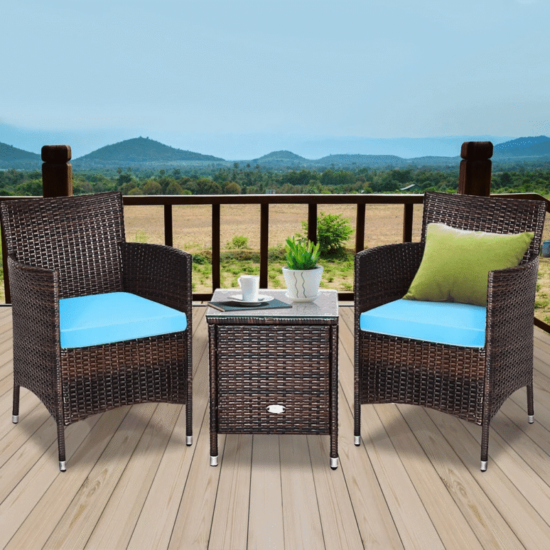 Outdoor 3 Piece Rattan Wicker Bistro Set with Glass Top Center Table (Dark Brown & Sky-blue) - Image 4