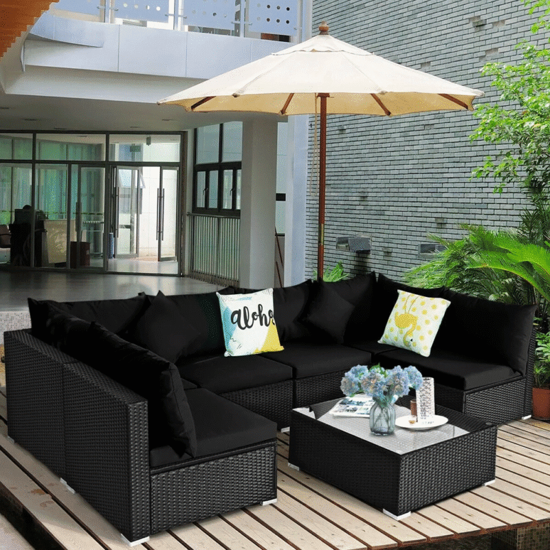 6 Seater Black Wicker Rattan All Weather Furniture with Glass Top Table - Image 4
