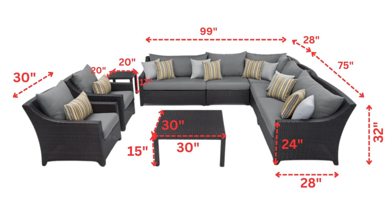 Outdoor Wicker 9 Seater Sectional Sofa Set with Side and Center Table(Dark Brown & Grey) - Image 2