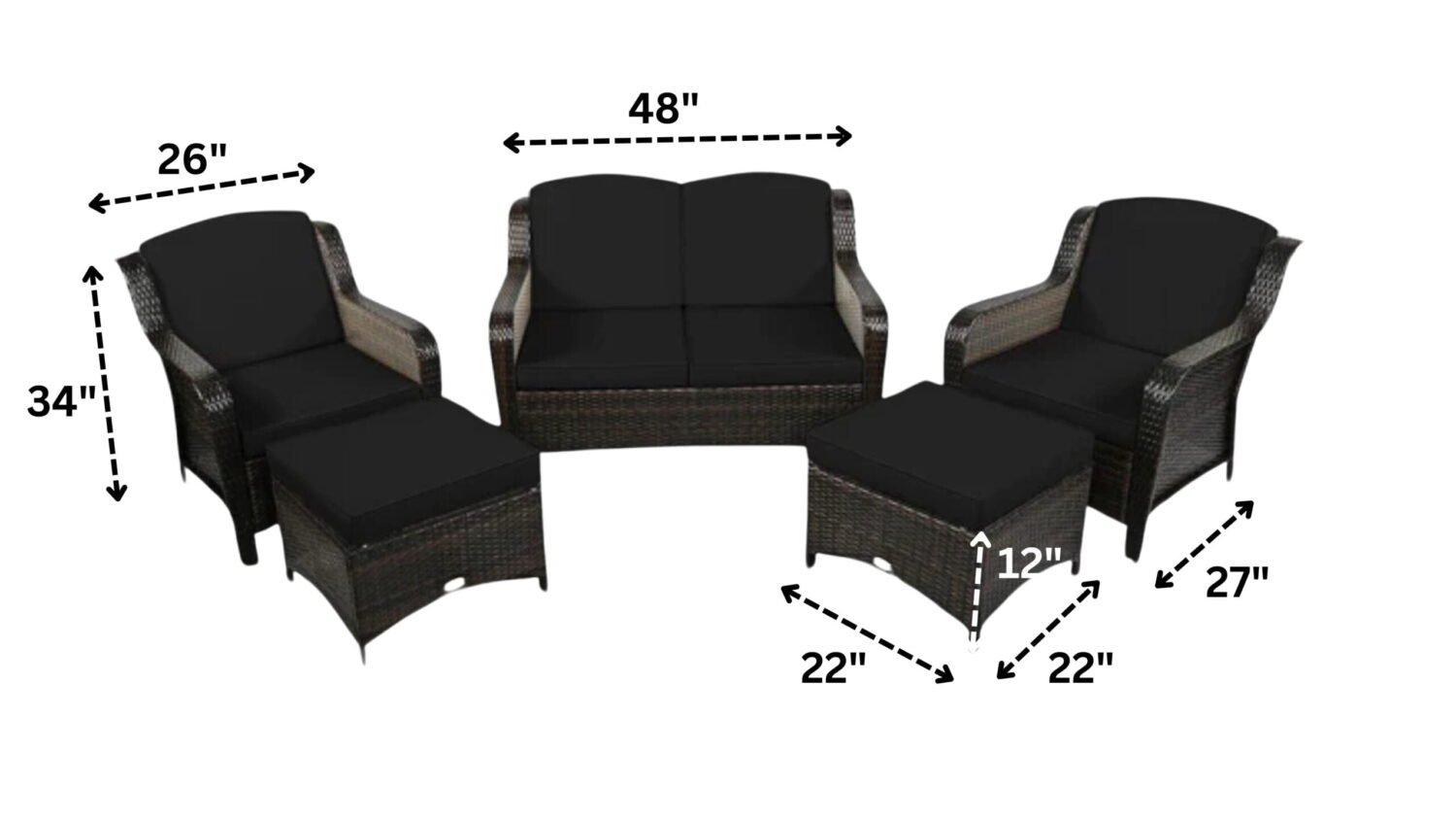 Wicker Outdoor 6 Seater Patio Furniture Set with Ottoman(Dark Brown & Black) - Image 2