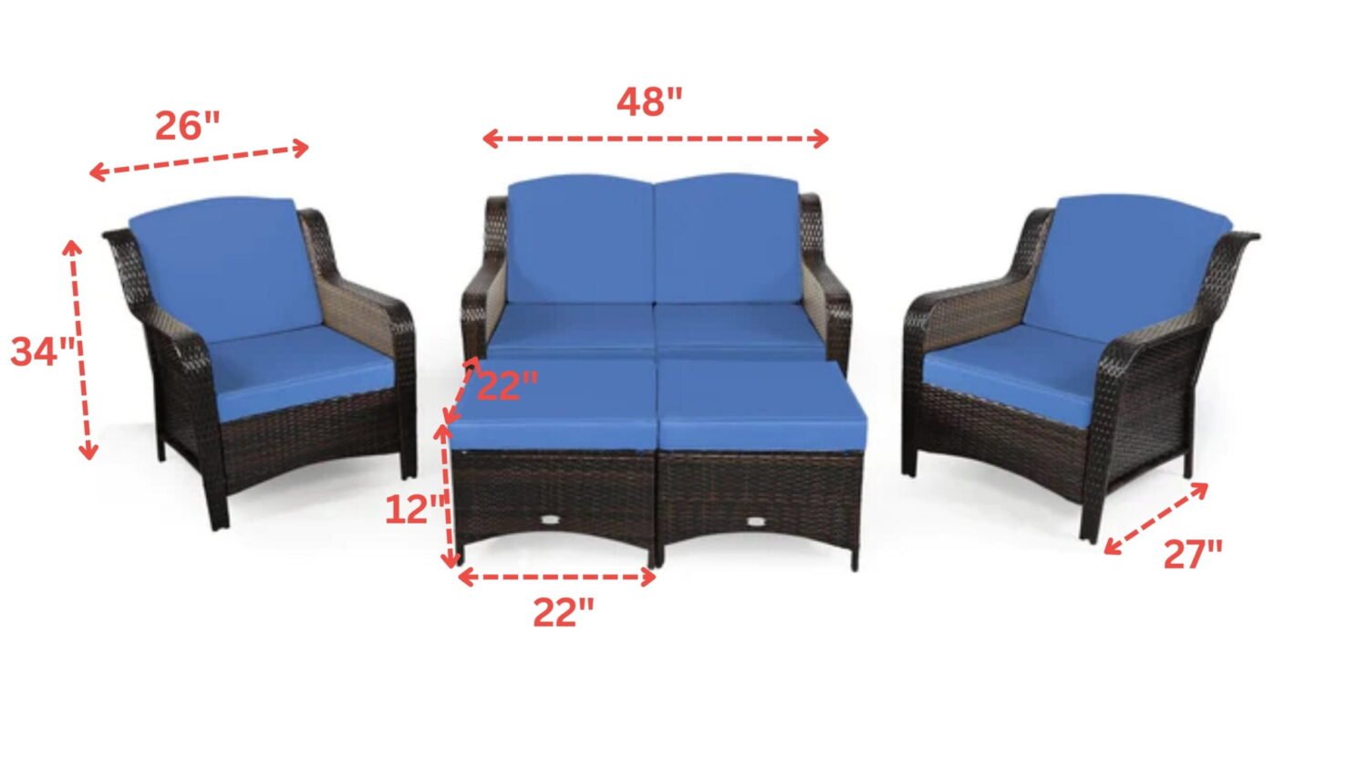 Dark Brown 6 Seater Wicker Outdoor Patio Garden Conversation Set with Ottoman - Image 2