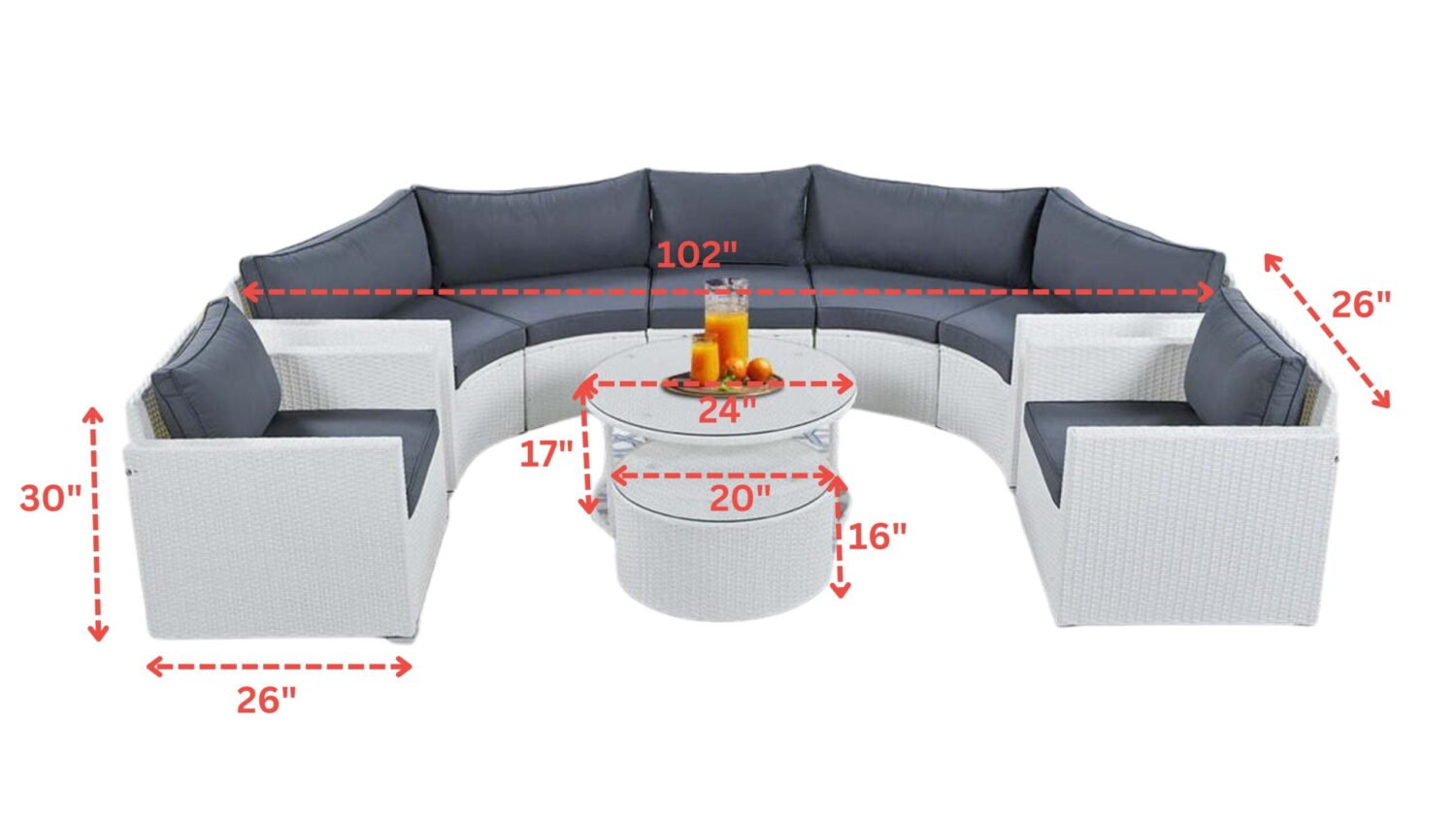 7 Seater Half-Moon Outdoor Wicker Sectional Furniture Conversation Set (White & Dark Grey) - Image 2