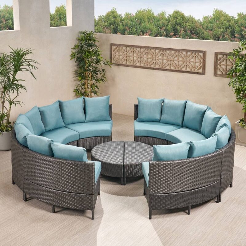 10 Piece Oval Shape Outdoor Wicker Patio Furniture (Dark Brown & Sky-Blue) - Image 4