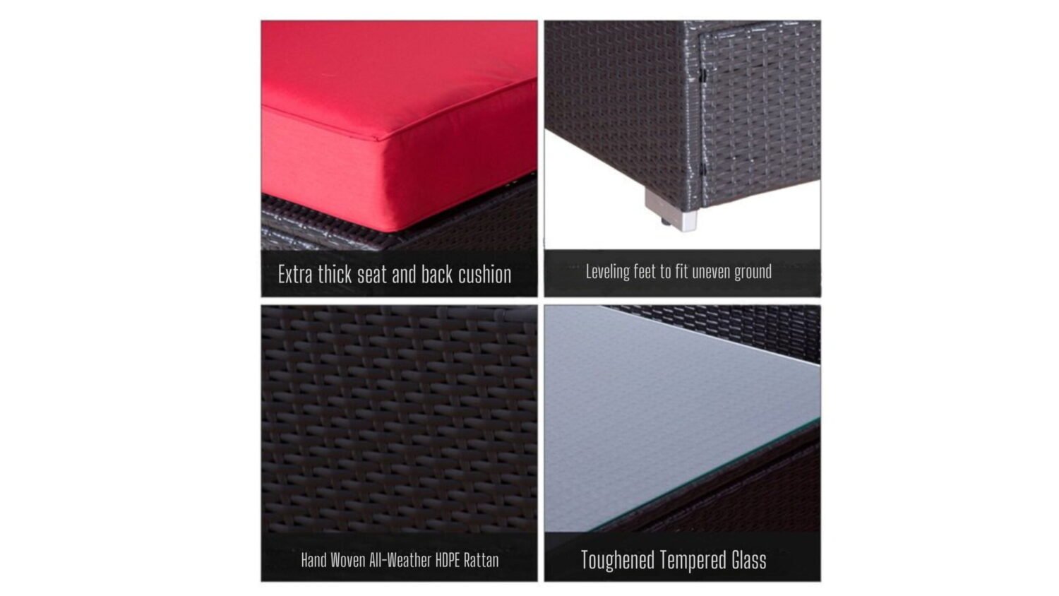 Outdoor Wicker Sofa With Glass Top Center Table & Waterproof Lounger (Black & Red) - Image 5