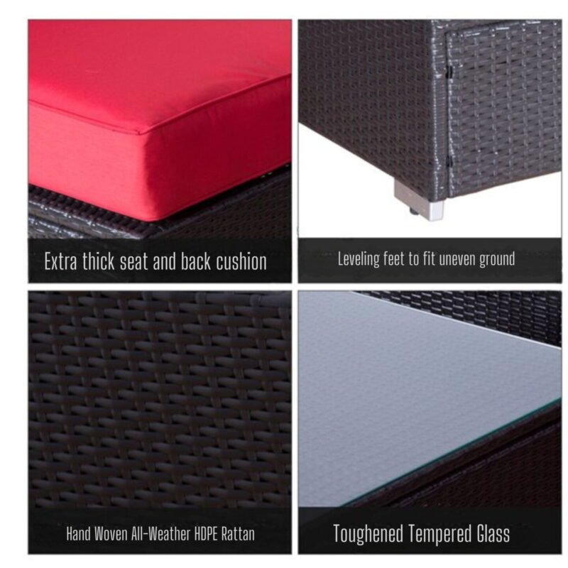 Outdoor Wicker Sofa With Glass Top Center Table & Waterproof Lounger (Black & Red) - Image 5