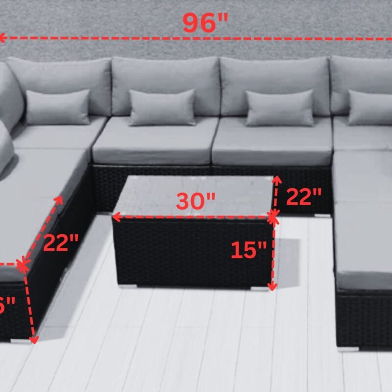 Outdoor 8 Seater Black Rattan Sectional Sofa Set with Orange Cushions - Image 2