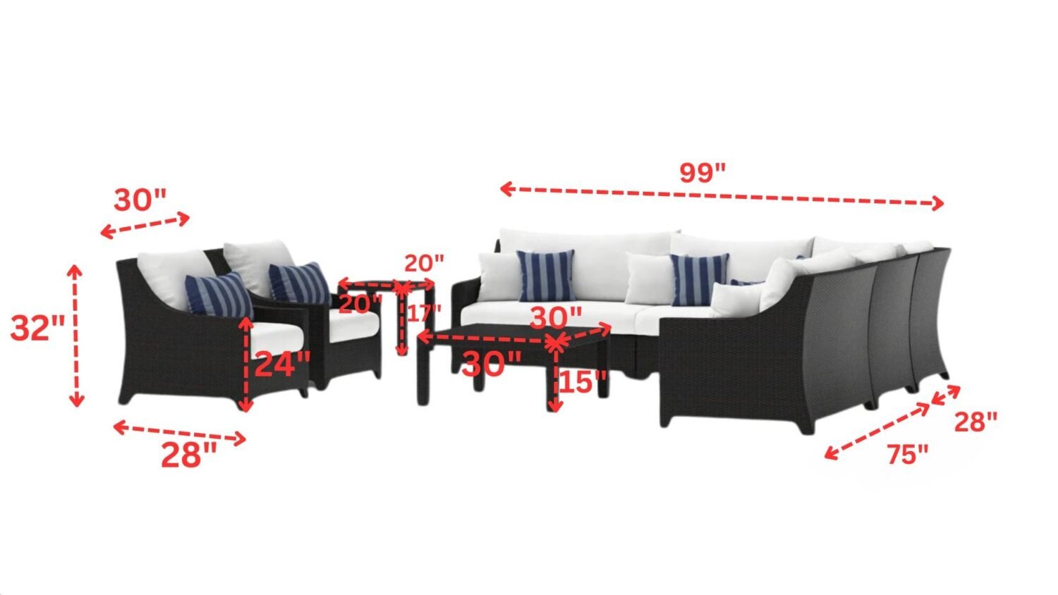 All Weather Outdoor Wicker Garden Sectional Conversation Set with Side and Center Table(Dark Brown & White) - Image 2