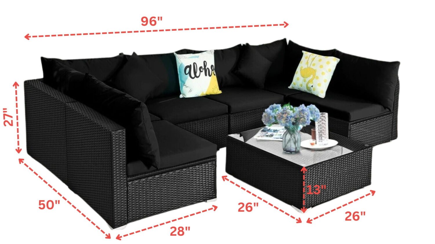 6 Seater Black Wicker Rattan All Weather Furniture with Glass Top Table - Image 2