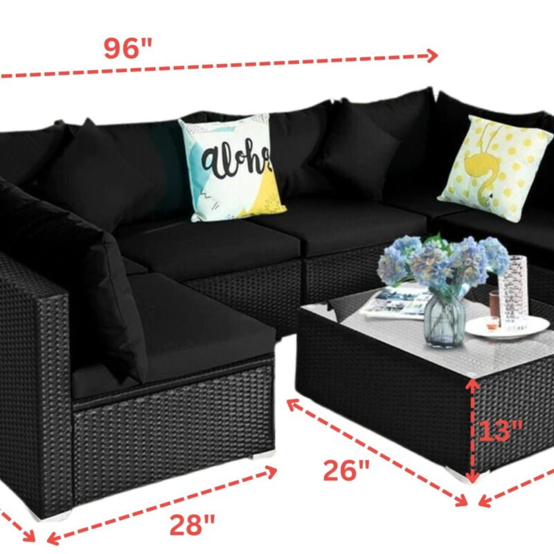 6 Seater Black Wicker Rattan All Weather Furniture with Glass Top Table - Image 2
