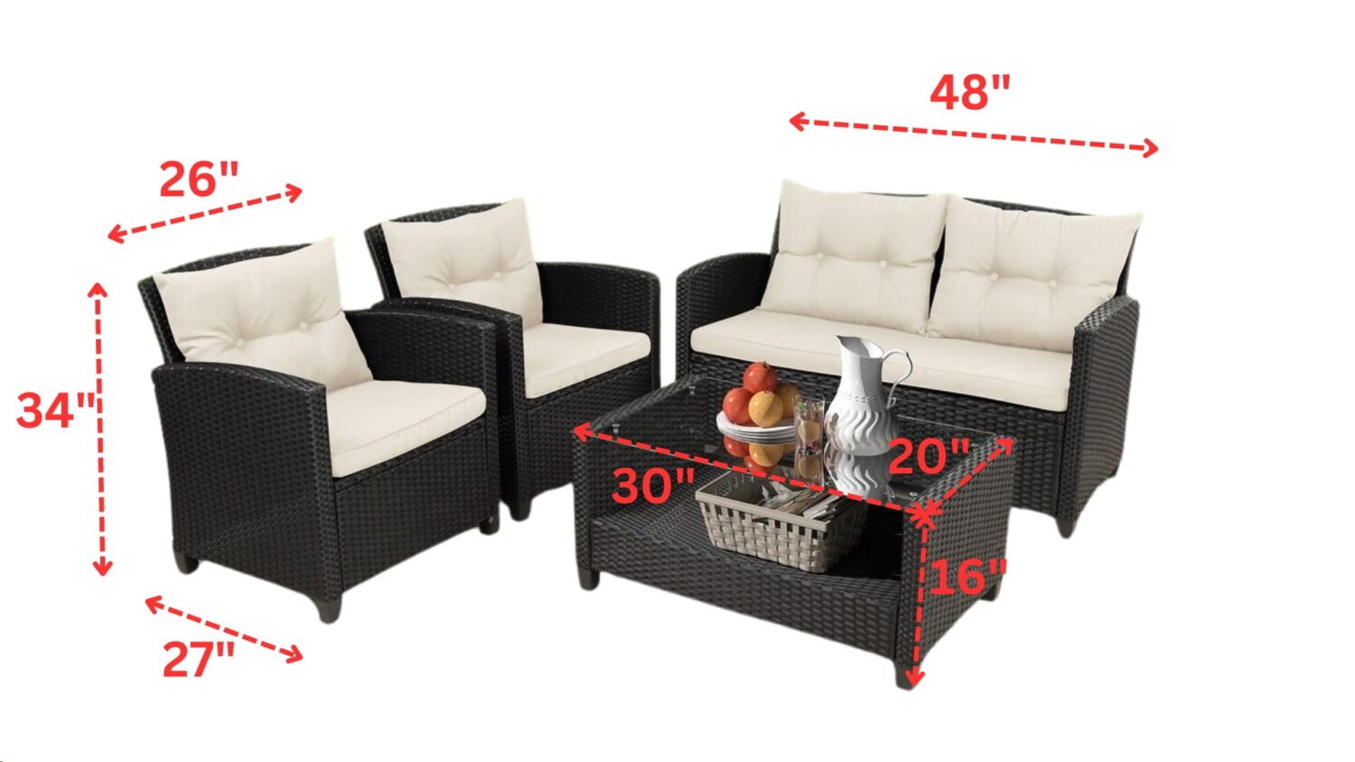 4-Piece Outdoor Wicker Sofa Set HDPE Rattan Sofa & Glass Top Center Table(Black & Cream) - Image 2