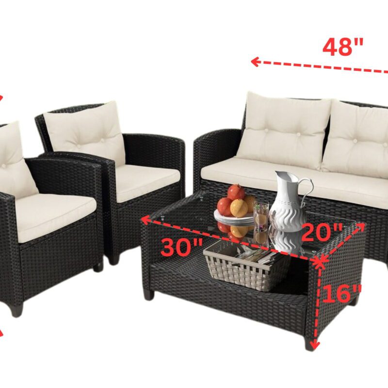 4-Piece Outdoor Wicker Sofa Set HDPE Rattan Sofa & Glass Top Center Table(Black & Cream) - Image 2