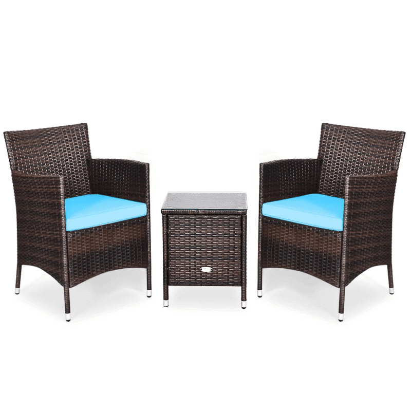 Outdoor 3 Piece Rattan Wicker Bistro Set with Glass Top Center Table (Dark Brown & Sky-blue) - Image 5