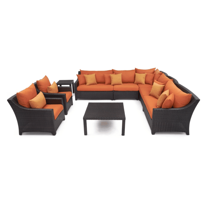 L-Shape Wicker Rattan Waterproof Outdoor Sectional Sofa with Side and Center Table (Dark Brown & Orange) - Image 5