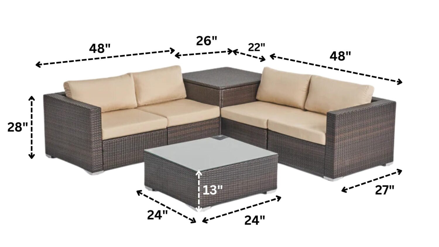 4 Piece Outdoor Wicker Furniture Patio Sofa Set with Glass Top Coffee Table and Side Table(Dark Brown & Cream) - Image 2