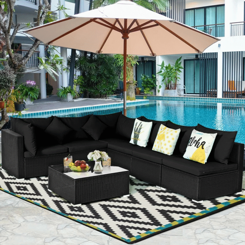 6 Seater Black Wicker Rattan All Weather Furniture with Glass Top Table - Image 8