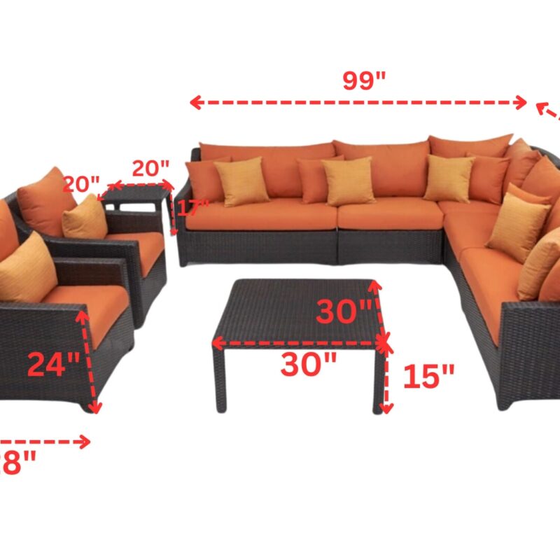 L-Shape Wicker Rattan Waterproof Outdoor Sectional Sofa with Side and Center Table (Dark Brown & Orange) - Image 2