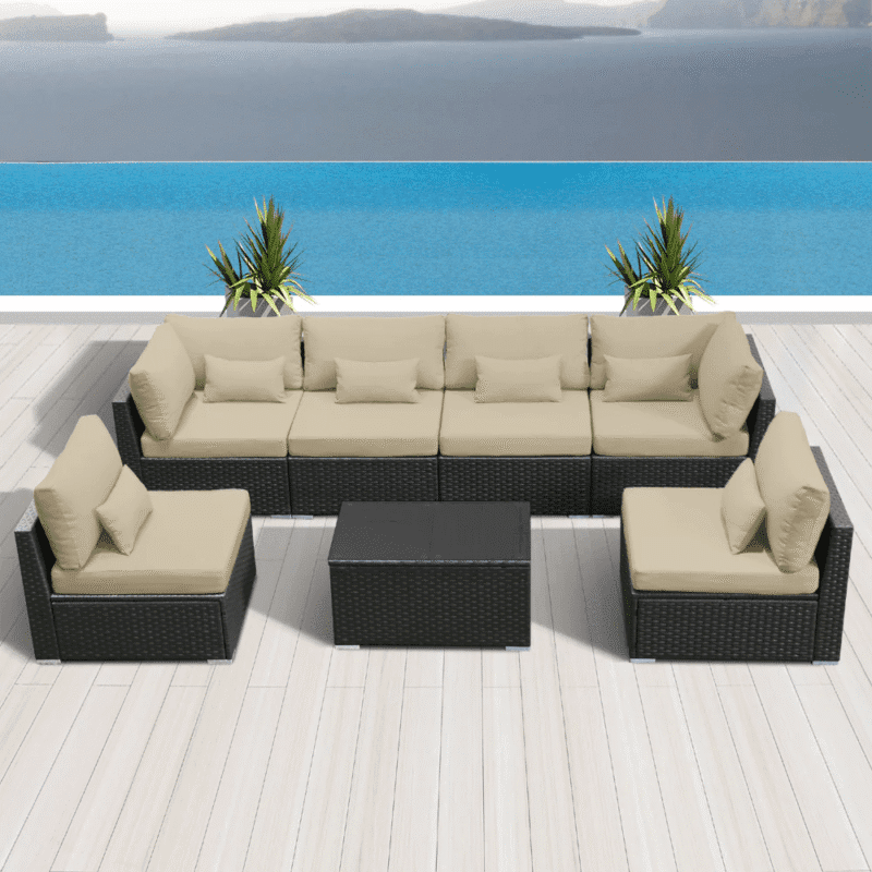 Outdoor 8 Seater Black Rattan Sectional Sofa Set with Cream Cushions - Image 4