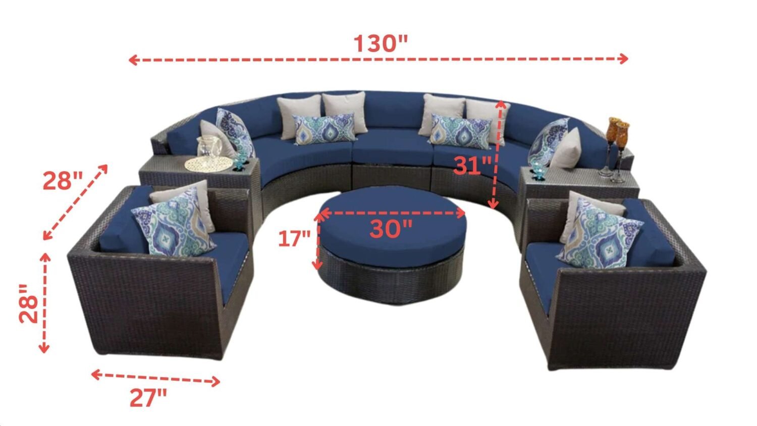 Wicker Half Moon Round Sofa Conversation Set with Ottoman (Dark Brown & Navy Blue) - Image 2